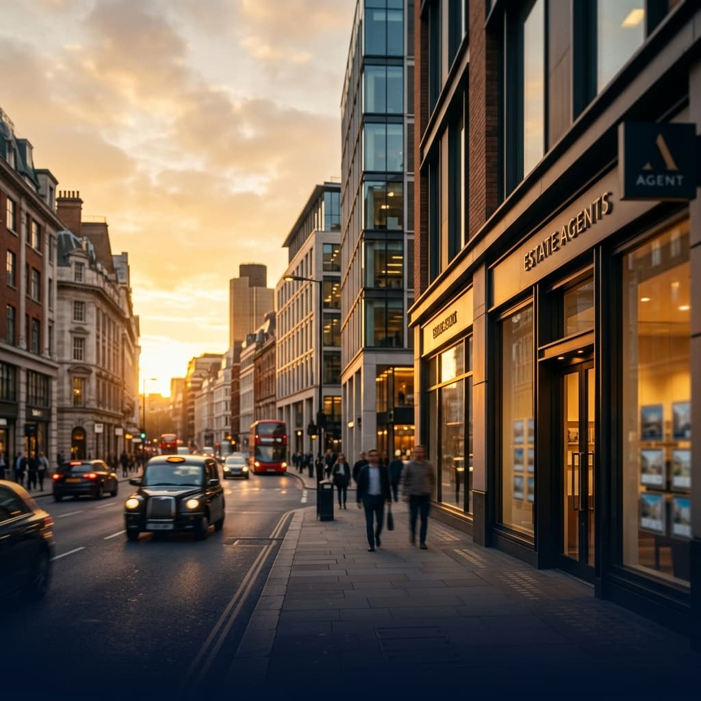 Modern estate agent street scene at golden hour