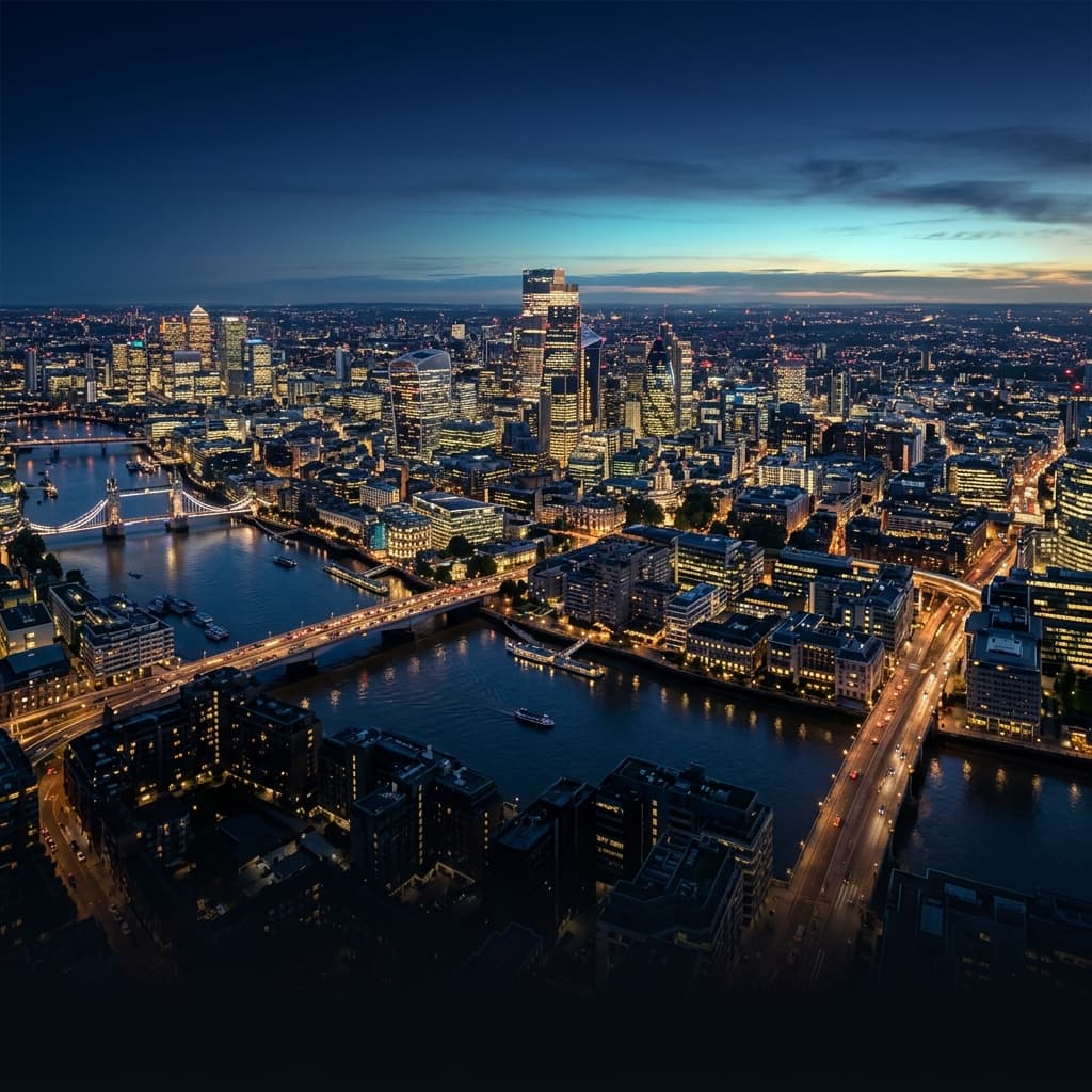 Aerial view of London city at dusk